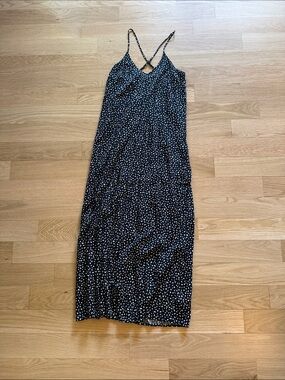 Old Navy Black Maxi Dress with White Dot Print and Crisscross Straps